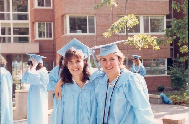 Nancy Kinnally and Susan Spencer Wendel in UNC graduation gowns