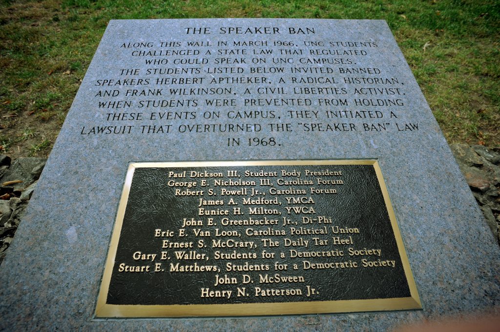 Views of the marker commerating the overturning of the speaker ban at the University of North Carolina at Chapel Hill.