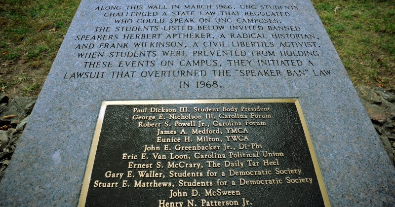 Views of the marker commerating the overturning of the speaker ban at the University of North Carolina at Chapel Hill.
