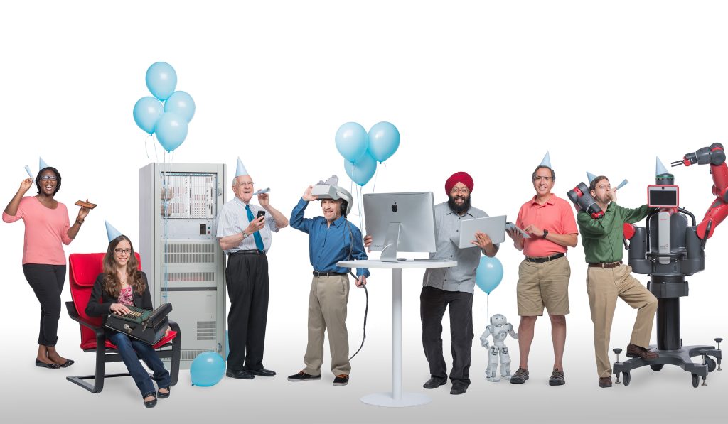 Photo illustration of computer science staff and students with robots surrounded by balloons and party hats.