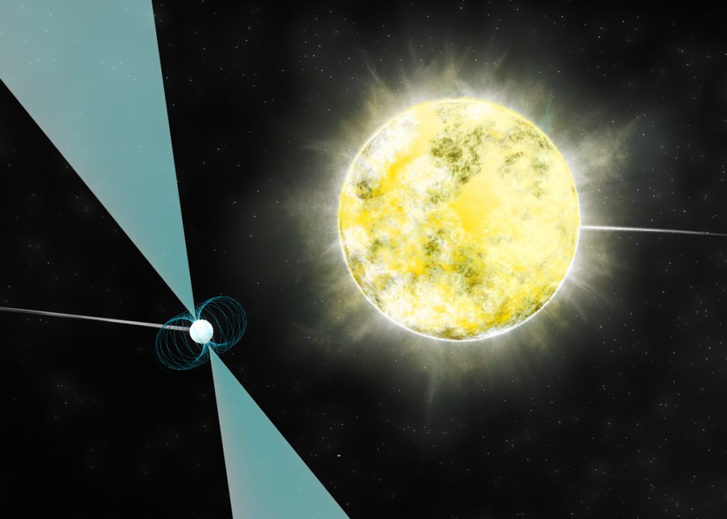 An artist’s conception of a white dwarf star in orbit with pulsar PSR J2222-0137.