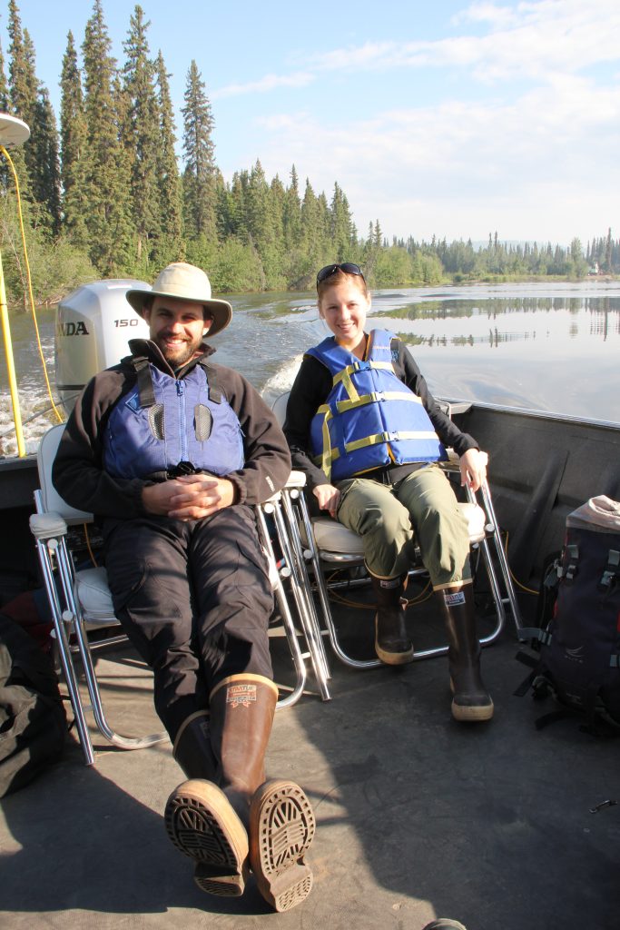 Geologist Tamlin Pavelsky and graduate student Elizabeth Humphries conduct research along the Tanana River in central Alaska.