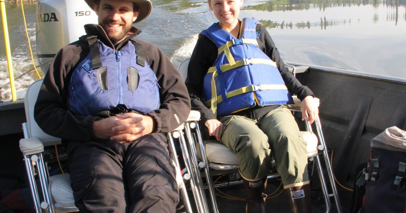 Geologist Tamlin Pavelsky and graduate student Elizabeth Humphries conduct research along the Tanana River in central Alaska.