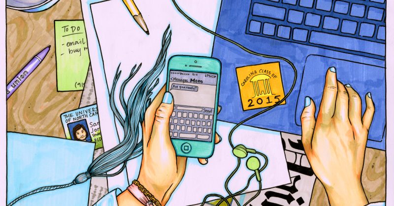 Color illustration celebrating the senior class of 2015. A girl's hand, sleeved in a Carolina blue gown, holds a phone with a text from "Mom" saying "Are you ready?" while items on the desk highlight student life: a copy of the Daily Tar Heel, a Class of 2015 sticker on a laptop, a OneCard and more.
