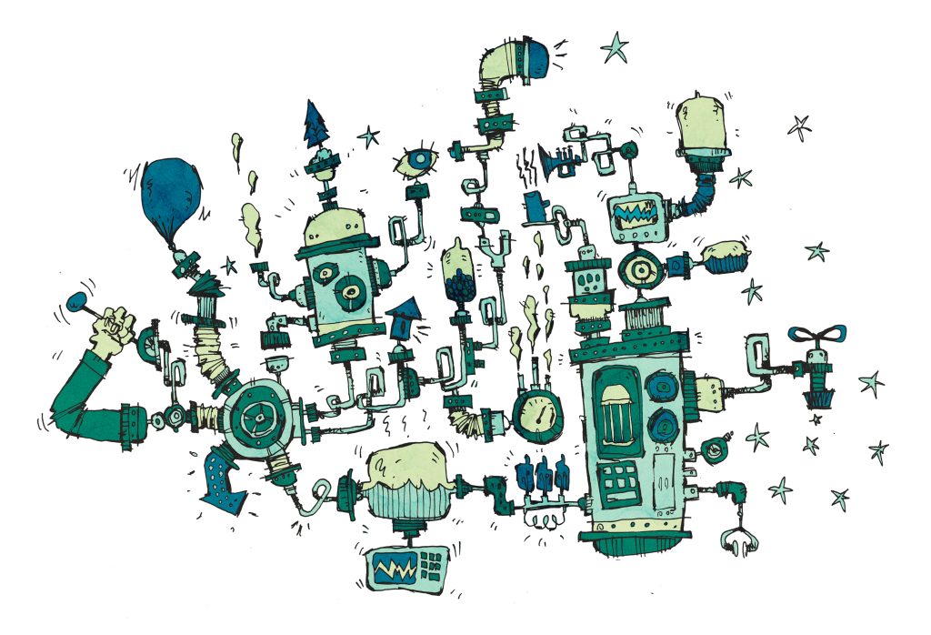 Quirky illustration of a cartoony machine/engine