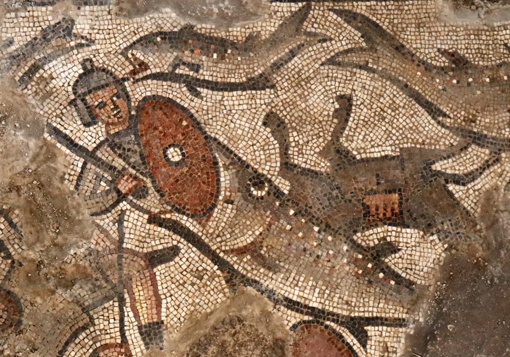 Fish swallowing soldier, Parting of the Red Sea mosaic, Huqoq.