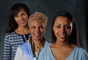 : Edith Hubbard (center) is surrounded by her daughter, Rhonda Hubbard Beatty (left), and granddaughter, Nicole Beatty, all graduates of UNC-Chapel Hill. (photo courtesy of UNC Communications)