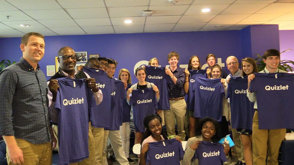 Carolina graduate Thompson Paine (far left) made sure all of the Silicon Valley Maymester students received T-shirts when they visited Quizlet, where he is the vice president for operations and business development.