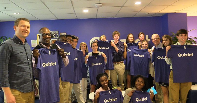 Carolina graduate Thompson Paine (far left) made sure all of the Silicon Valley Maymester students received T-shirts when they visited Quizlet, where he is the vice president for operations and business development.