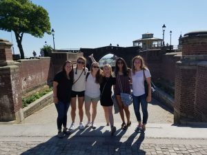 As part of UNC’s Science in Scandinavia Program, Shruti Patel (second from right) and her classmates spent time in Helsingborg, Sweden, walking by the water. 