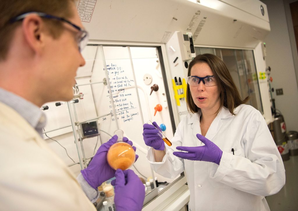A grant from the Clare Boothe Luce Program will support new graduate fellowships for women in chemistry. The program, with a mentoring component, will be led by Jillian Dempsey (right). (photo by Jon Gardiner)
