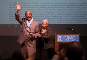 Colin A. Palmer (left), with history professor Genna Rae McNeil, was honored with the Award for Scholarly Distinction during the 14th annual African-American History Month Lecture. (photo by Jon Gardiner)