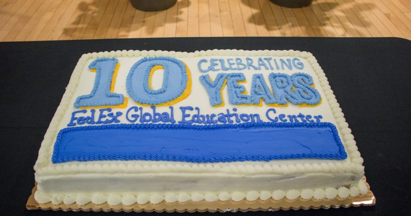 The FedEx Global Education Center is a vibrant hub for many of the College’s and University’s global programs. (photo by Kristen Chavez). Pictured is a cake that says "Celebrate 10 Years: FedEx Global Education Center."