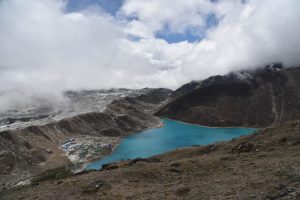 A view of Lake 3. To the left is the village of Gokyo