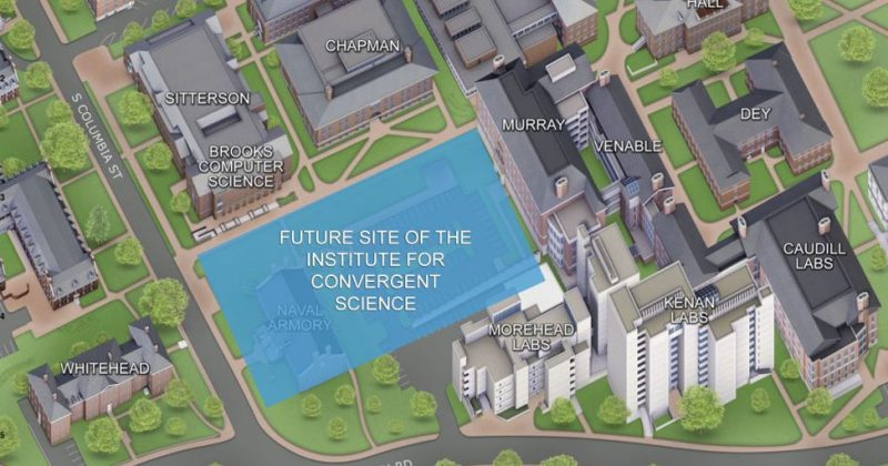 Edited map showing the future site of the Institute for Convergent Science, in place of the Naval Armory and parking lot. The site is located between Morehead Labs and Chapman Hall at the corner of S Columbia St and South Rd.