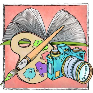 Illustration shows a camera, an open book, an artist's palette and a paintbrush. By John Roman.