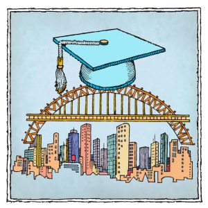 Graphic image shows a bridge connecting a city with a graduation cap sitting on top of the bridge. (illustration by John Roman)