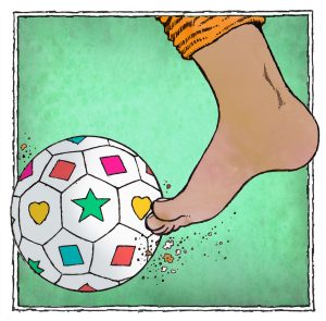 Illustration of a bare foot kicking a brightly colored soccer ball by John Roman.