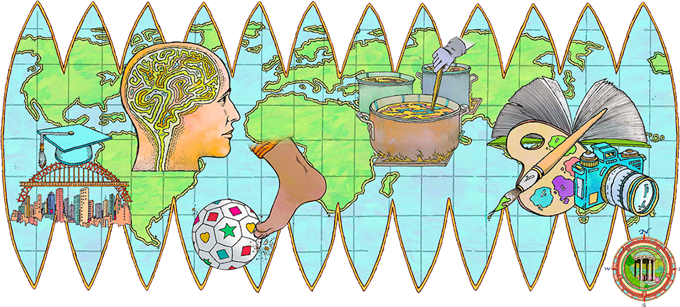Terrestrial stretched out illustration map shows five graphical images representing stories in the cover package: a bridge, a brain, a soccer ball, a cooking pot, a camera and artist