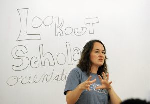 Lookout Scholars Program Director Carmen Gonzalez addresses students.