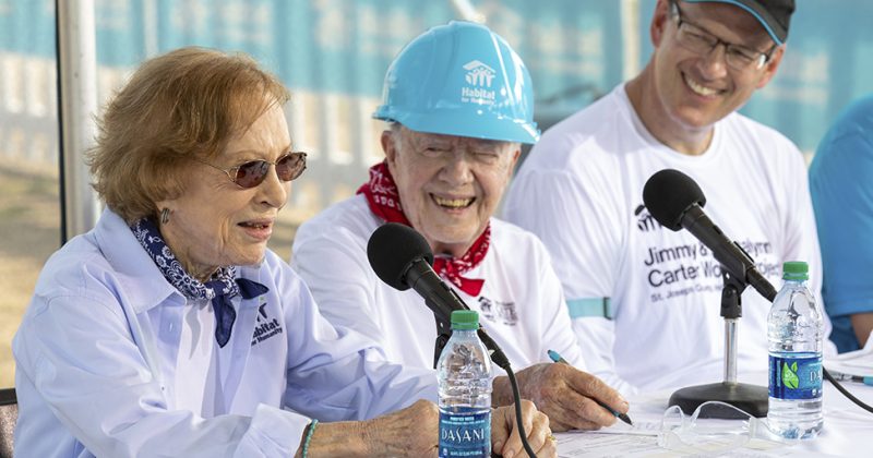 Rosalynn Carter, former President Jimmy Carter and Habitat CEO Jonathan Reckford answer questions during a 2018 Habitat build project in Indiana.