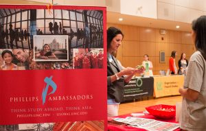 Shot of the Phillips Ambassadors booth at the study abroad fair