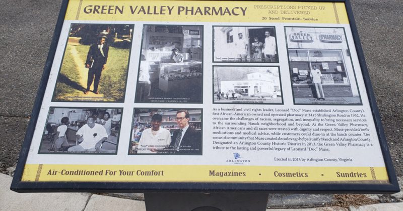 Historical marker of ‘Green Valley Pharmacy’ in the historically Black community in Arlington, Virginia.