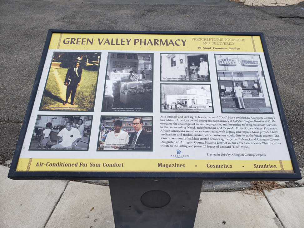 Historical marker of ‘Green Valley Pharmacy’ in the historically Black community in Arlington, Virginia.