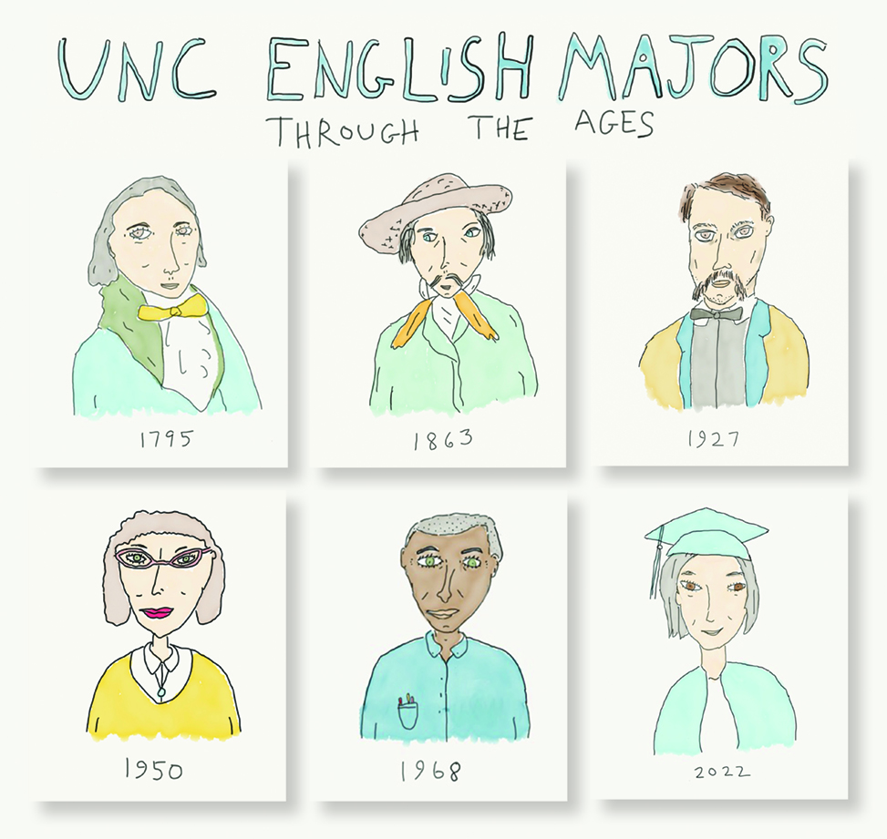 UNC English Majors Through the Ages. Illustration of portraits by Daniel Wallace, of imagined students from 1795, 1863, 1927, 1950, 1968 and 2022.