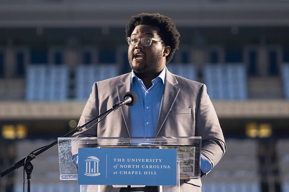 UNC Student Body President, Lamar Richards, greets students at the New Student Convocation held at Kenan Stadium on the campus of the University of North Carolina at Chapel Hill. Monday August 16, 2021. Executive director of the Shuford Program in Entrepreneurship, Bernard Bell, was the featured speaker.