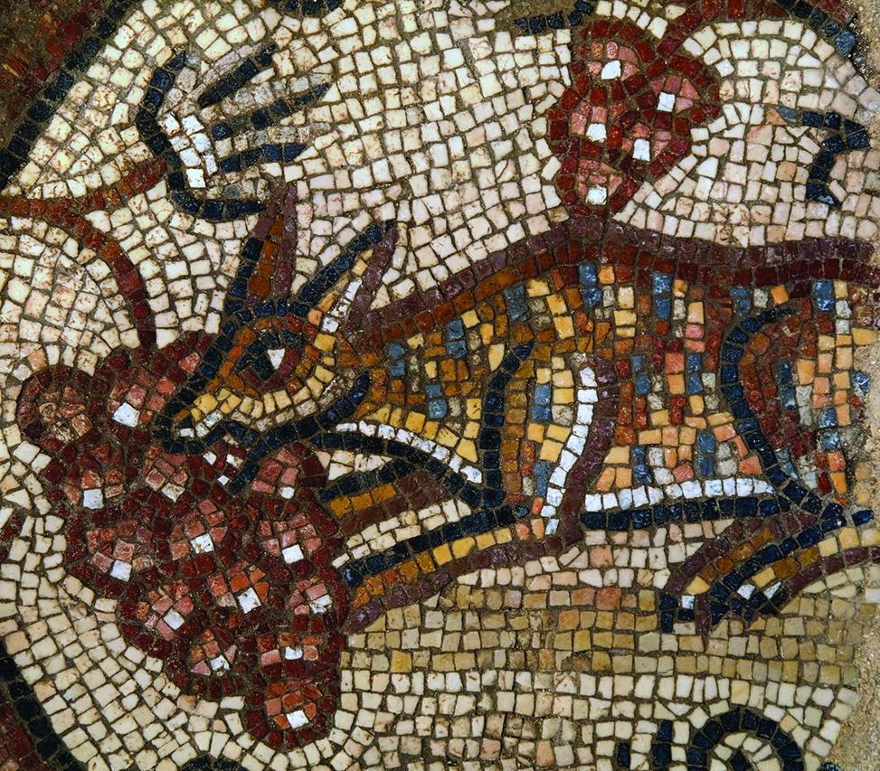 Mosaic depicting a fox eating grapes in neutral colors.