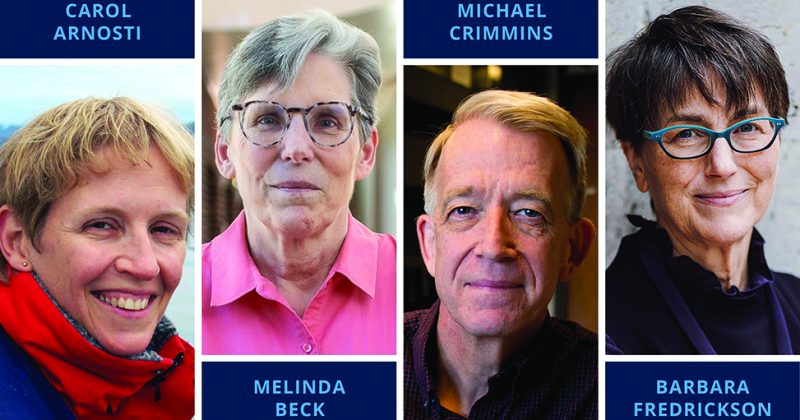 Collage of four headshots with names in blue lettering, left-right: Carol Arnosti, Melinda Beck, Michael Crimmins and Barbara Fredrickson.