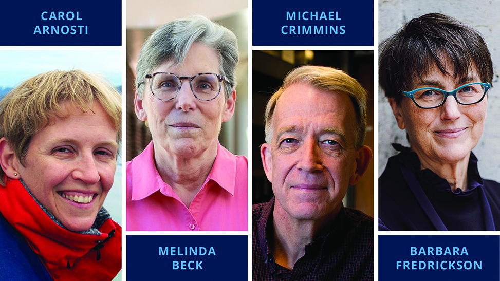 Collage of four headshots with names in blue lettering, left-right: Carol Arnosti, Melinda Beck, Michael Crimmins and Barbara Fredrickson.