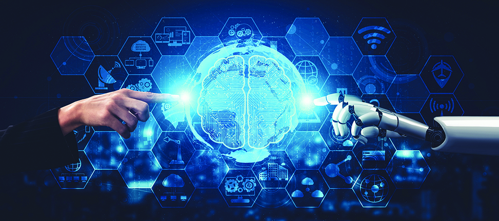 Graphic of brain, lit up in blue, in center with a hand reaching from the left and robot hand reaching from the right to touch it. The background is a blue hexagonal patchwork of symbols, including a Wifi symbol, satellite and outline of Africa.