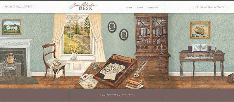A visual representation of the virtual remodel of Jane Austen's desk. It features a panorama of her office: a fireplace, window, desk and chair, and decorated wall.