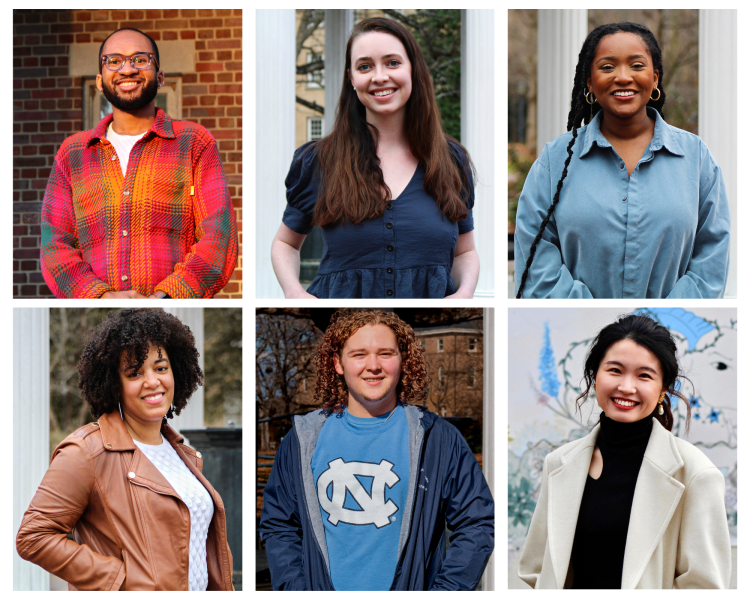 Headshots of six College students around landmarks at UNC, including the Old Well and bell tower.