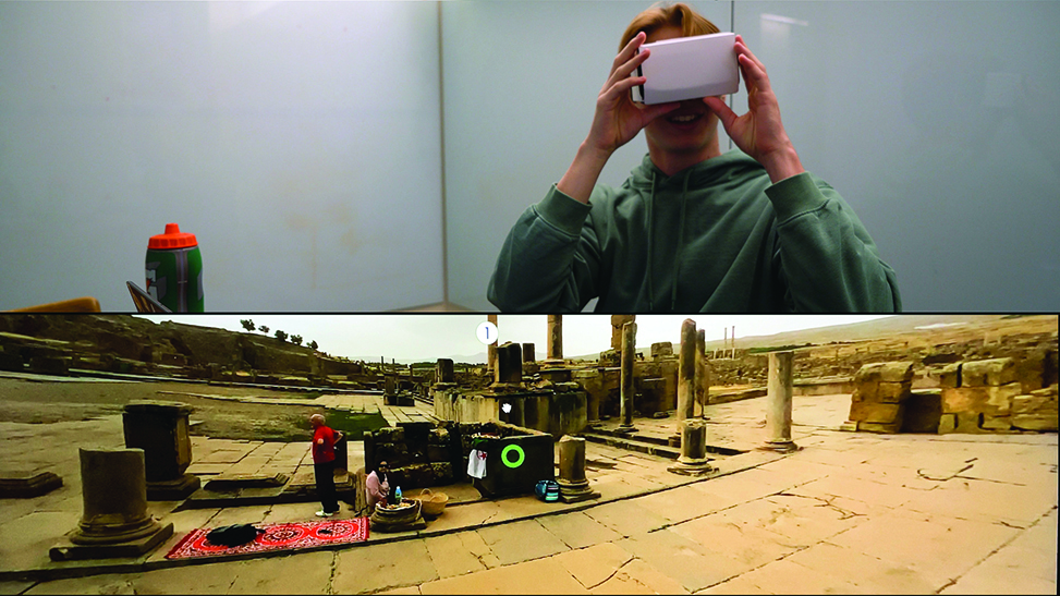 Collage: Top image: Students looks through a VR headset. Bottom image: Image of an Arabic landscape the student is seeing through the VR headset.
