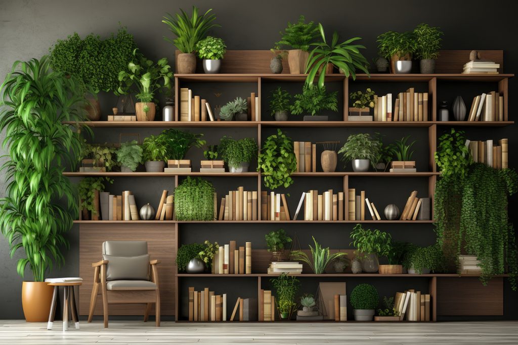 A contemporary-style bookshelf adorned with plants that serves as a modern decorative element for virtual office backdrops, studio backgrounds, or can be printed in a large format to enhance a back wall.