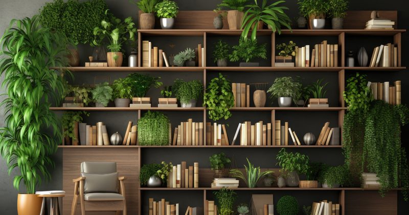 A contemporary-style bookshelf adorned with plants that serves as a modern decorative element for virtual office backdrops, studio backgrounds, or can be printed in a large format to enhance a back wall.