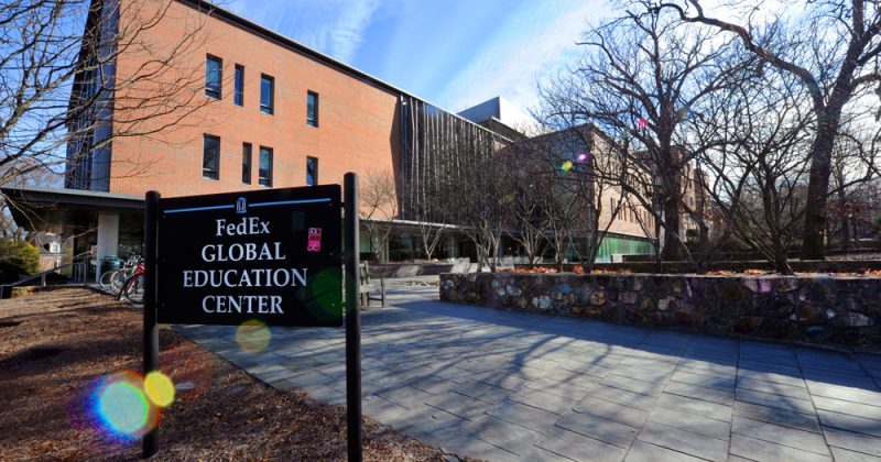 Exterior of the FedEx Global Education Center, the building's sign in the foreground.