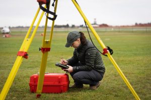 Marissa Dudek crouches next to a large yellow and red tripod in a large, open field, making notes on a handheld device.