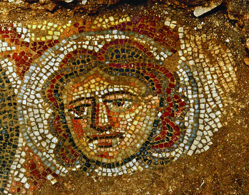 Female face in Huqoq mosaic stares up from the floor of the ancient synagogue.