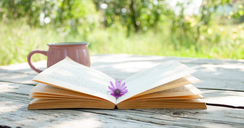 An open book with a small flower sitting in the center sits beside a white coffee cup on a table. Spring trees are in the background.