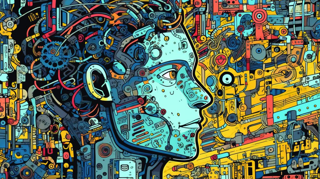 A graphic of a face looking to the right with different lines, gears and tools making up features of the face and background. The prompt to generate this image was "artificial intelligence."