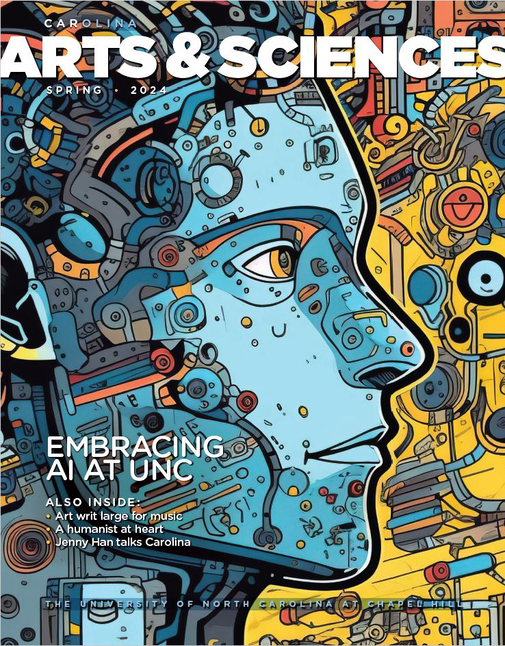 Magazine cover of the spring '24 issue features an artsy face in profile with different-colored gears coming out of the head. It is an AI-generated image. Headlines include: 